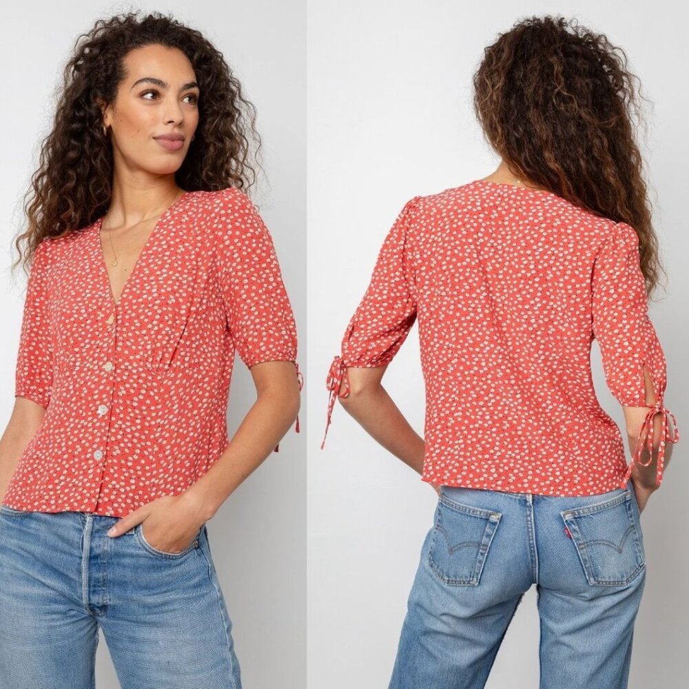 Rails - Amelia Blouse Tie Sleeves Button-Up | Size Small | Carmine Daisy Red - Picture 3 of 14